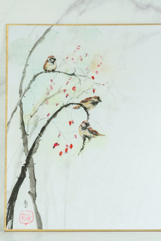 Sumie Shikishi - 24x27 cm - Sparrows
